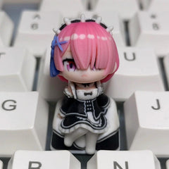 Re:Zero Ram, Rem, Emilia  Chibi-Figure Keycap, Desk Decor | Universal Keycap Fit