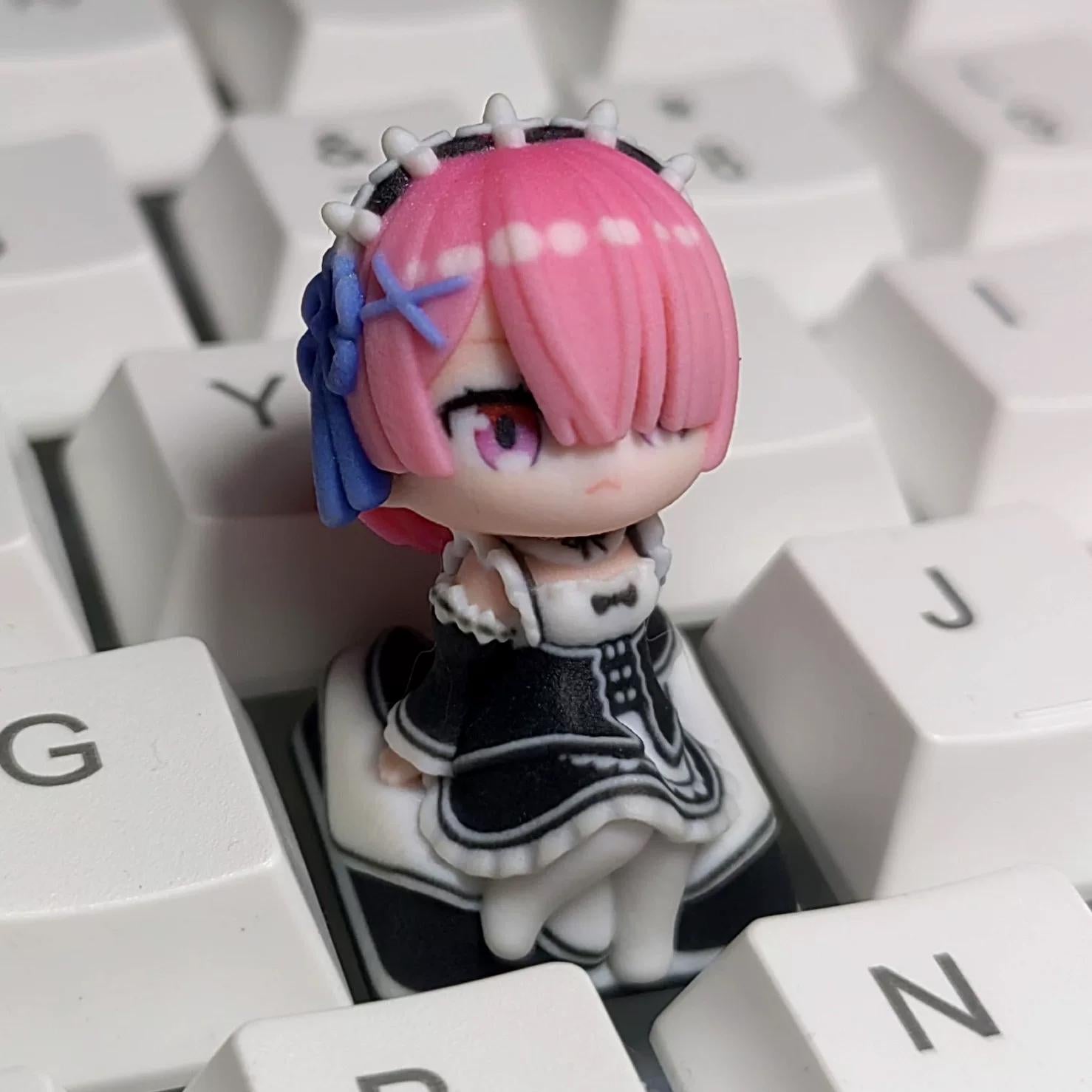 Re:Zero Ram, Rem, Emilia  Chibi-Figure Keycap, Desk Decor | Universal Keycap Fit